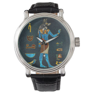 Anubis Egyptian  Gold, Blue and Red glass Watch
