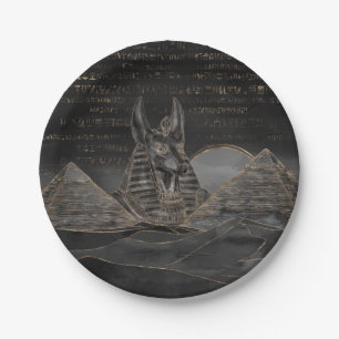 Anubis on Egyptian pyramids landscape Paper Plate