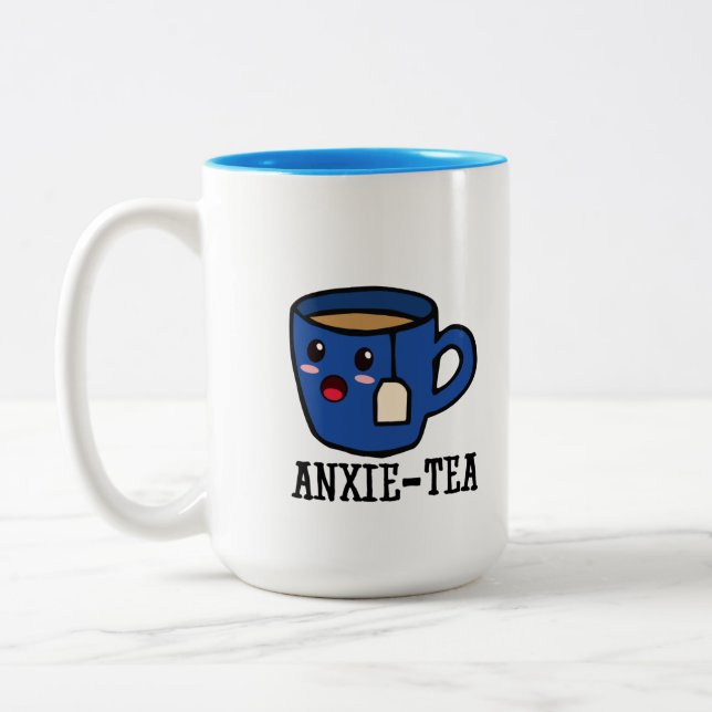 Anxie-Tea, Mental Health Anxiety Pun Two-Tone Coffee Mug (Left)