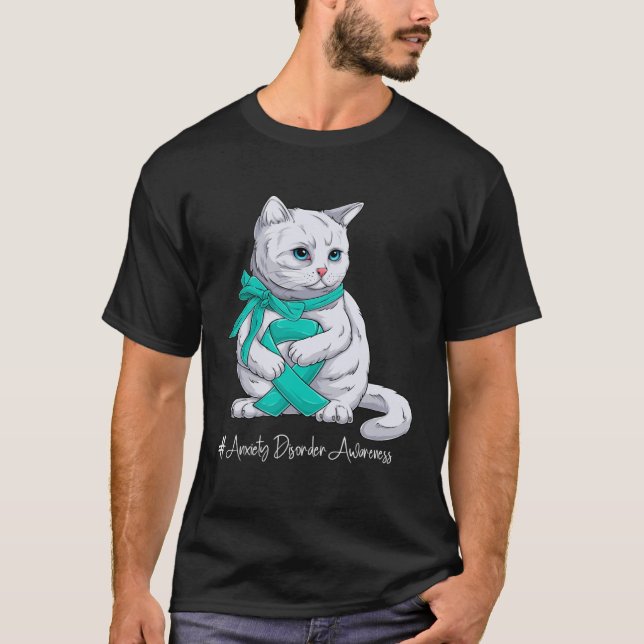 Anxiety Disorder Awareness Month Teal Ribbon Cat T-Shirt (Front)