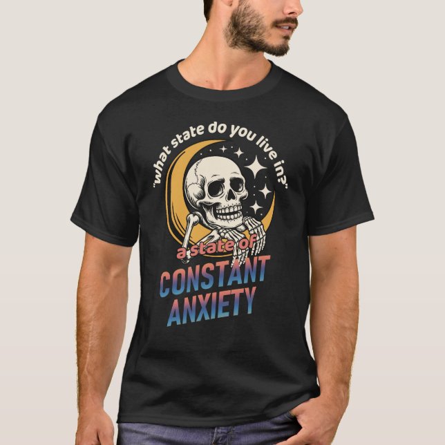 Anxiety Skeleton Head on Crescent Moon T-Shirt (Front)