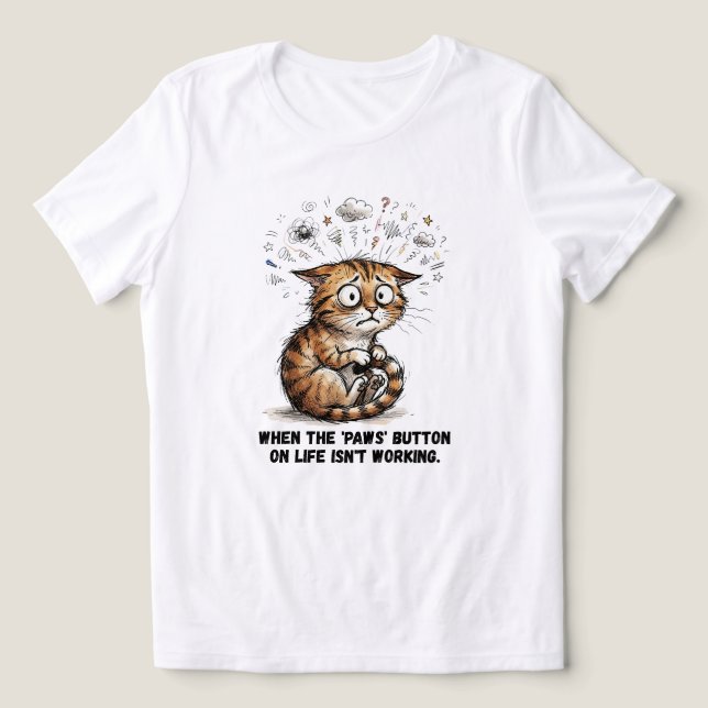 Anxious Tabby Cat When the Paws Button Fails Tri-Blend Shirt (Design Front)