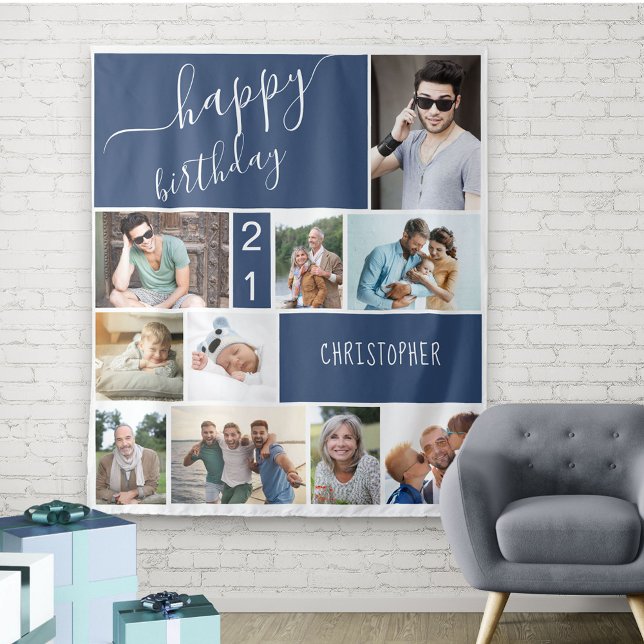 Any Age 10 Photo Collage Personalised Blue Tapestry (Creator Uploaded)