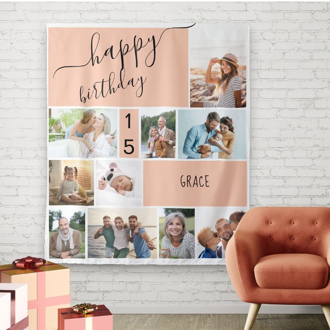 Any Age 10 Photo Collage Personalised Peach Tapestry (Creator Uploaded)