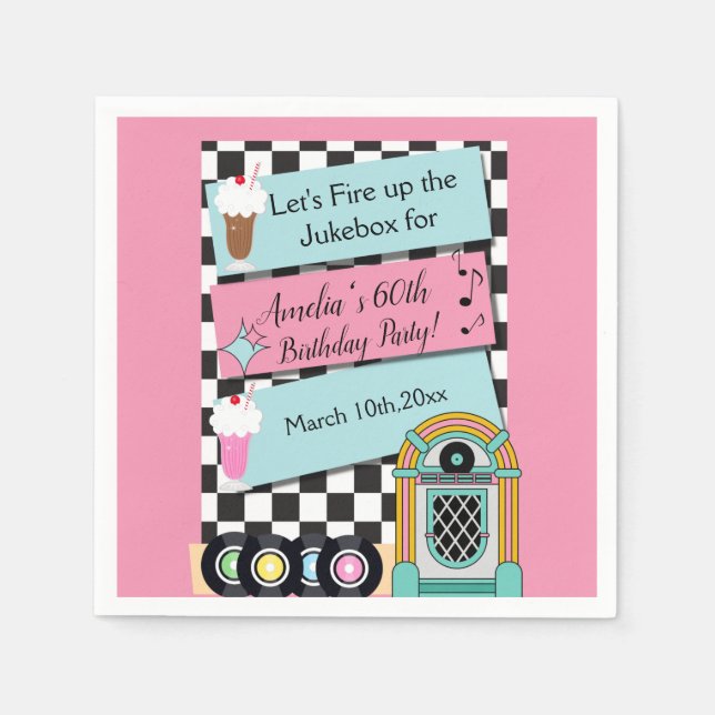 Any Age, 1950's Diner Birthday Invitation Napkin (Front)