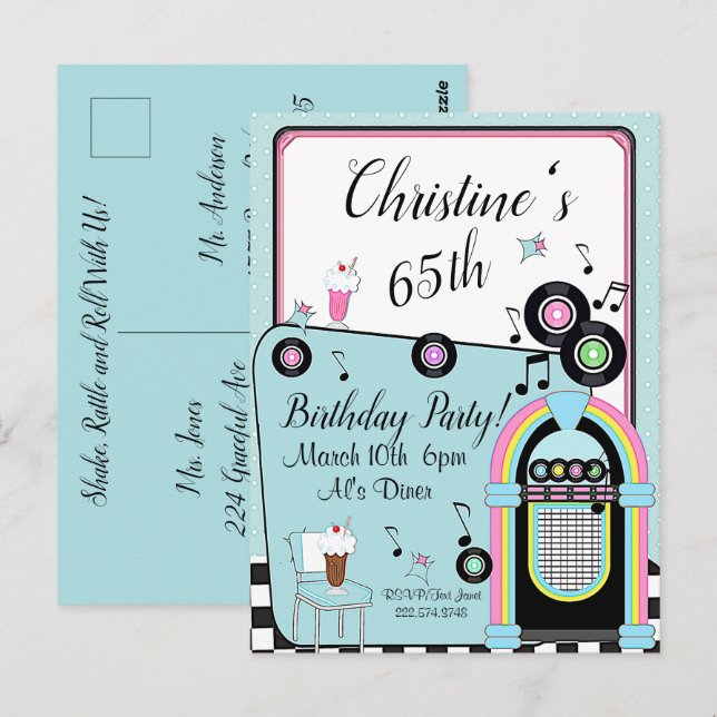 Any Age,1950's Diner Birthday Invitation Postcard (Front/Back)