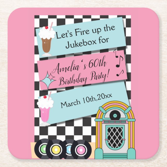 Any Age, 1950's Diner Birthday Invitation Square Paper Coaster (Front)