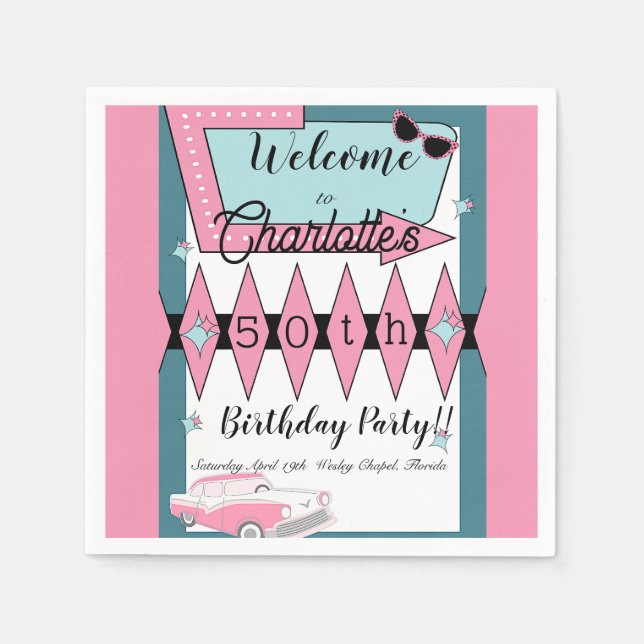 Any Age, 1950's Retro Birthday  Napkin (Front)