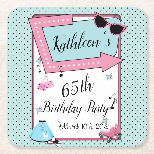 Any Age,1950's Retro Birthday  Square Paper Coaster (Front)