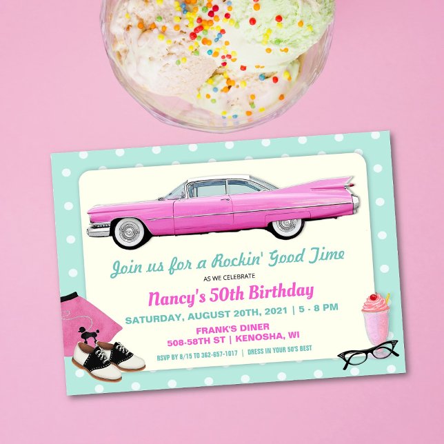 ANY AGE - 1950's Retro Pink Cadillac Birthday Invitation (Creator Uploaded)