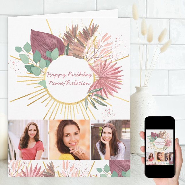 Any Age 3 Photo Collage Personalised Boho Birthday Card (Creator Uploaded)