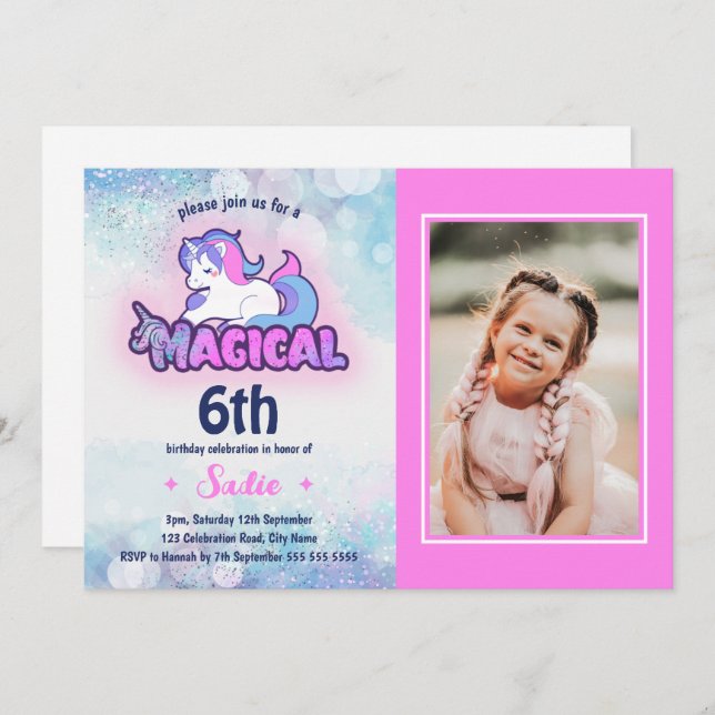 Any Age 6th Pink Purple Unicorn Photo Birthday  Invitation (Front/Back)