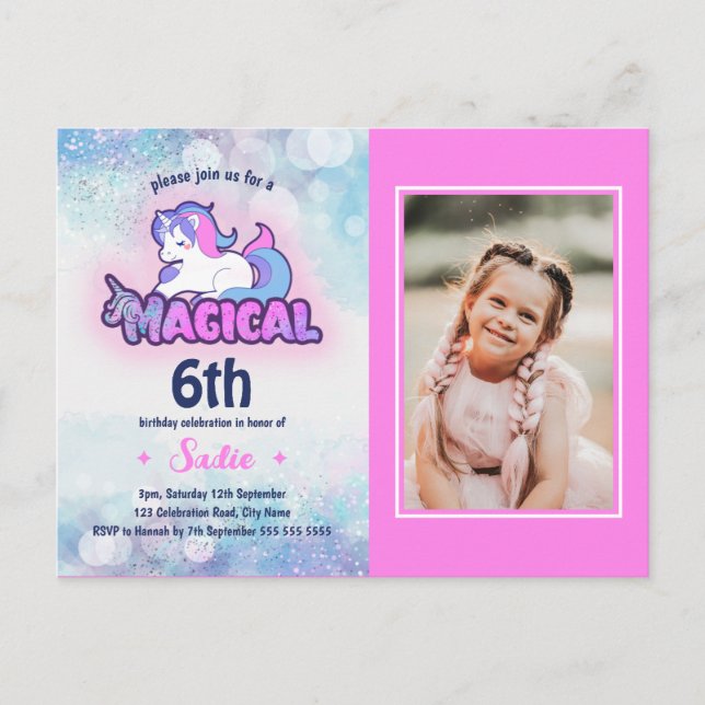Any Age 6th Pink Purple Unicorn Photo Birthday  Postcard (Front)
