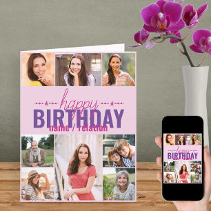 Any Age 8 Photo Collage Personalised Pink Birthday Card