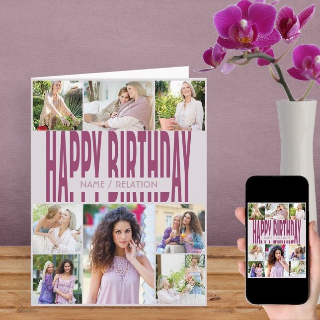 Any Age 8 Photo Collage Pink Birthday Card (Creator Uploaded)