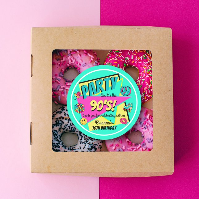 ANY AGE 90's birthday party teal thank you favour Classic Round Sticker (Creator Uploaded)