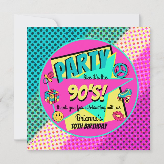 ANY AGE 90's retro birthday party neon rainbow Thank You Card (Front)