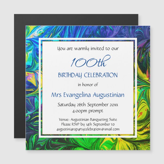 ANY AGE Abstract Blue Customisable Birthday Magnetic Invitation (Front/Back)