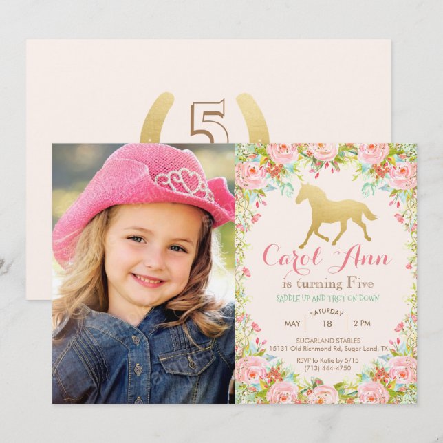 ANY AGE/ADD PHOTO - Horse Birthday Invitation (Front/Back)