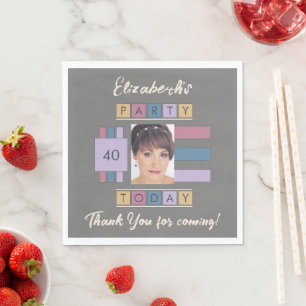 Any age add photo name brown grey birthday party napkin