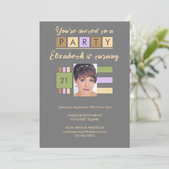Any age add photo name grey lilac birthday party invitation (Standing Front)