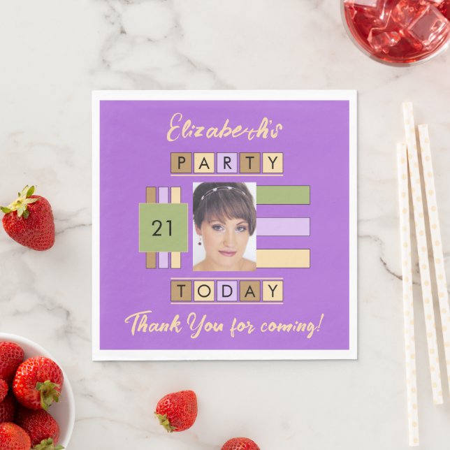 Any age add photo name purple birthday party napkin (Insitu)