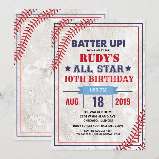 ANY AGE - Baseball Vintage Birthday Invitation (Front/Back)