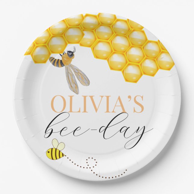 Any age, bee theme birthday  paper plate (Front)