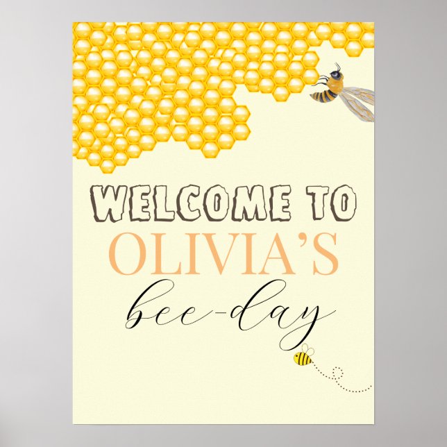 Any age, bee theme birthday welcome sign (Front)