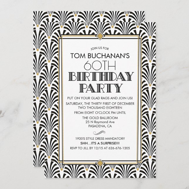 ANY AGE -  Birthday Art Deco Gatsby invitation (Front/Back)