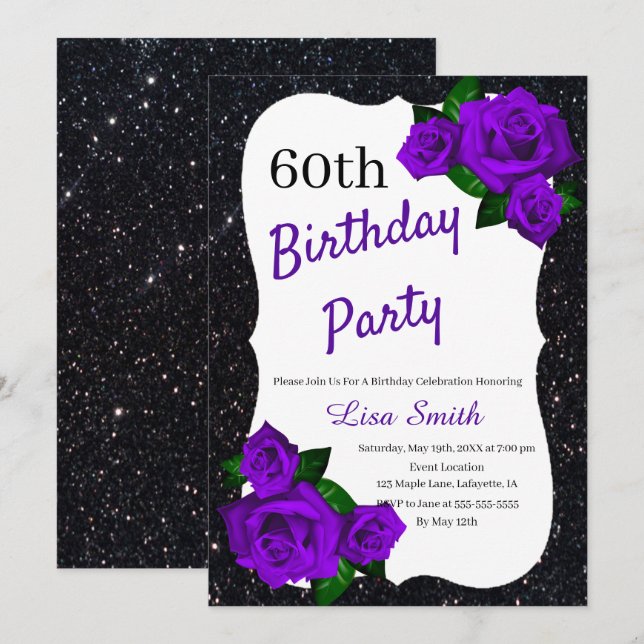 Any Age Birthday Black Glitter Purple Roses Invitation (Front/Back)