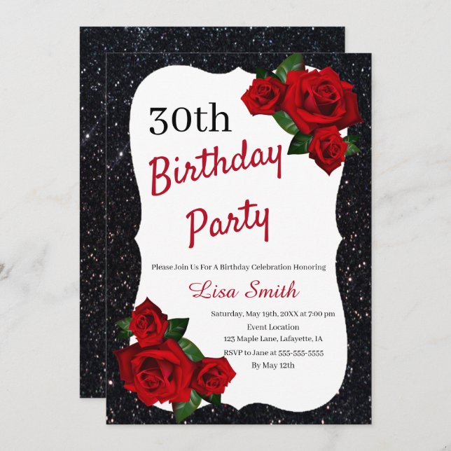 Any Age Birthday Black Glitter Red Roses Invitation (Front/Back)