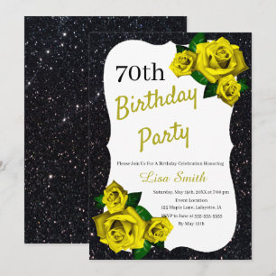 Any Age Birthday Black Glitter Yellow Roses Invitation