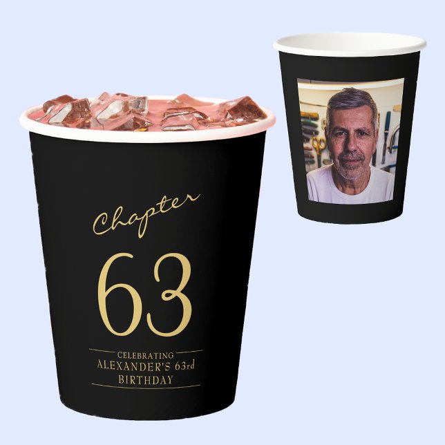 Any Age Birthday Black Gold Photo Paper Cups (Black and gold birthday paper cups with photo on rear. Celebrate any age.)