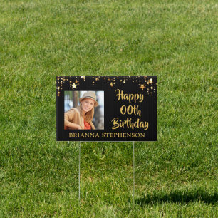 Any Age Birthday Black Gold Stars Photo Name Garden Sign