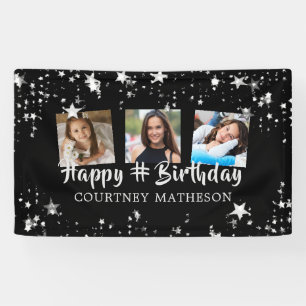 Any Age Birthday Black Silver Stars Photo Banner