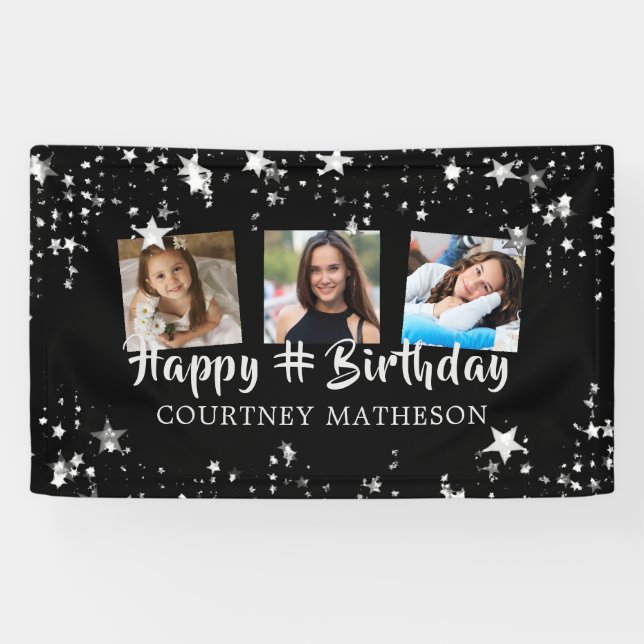Any Age Birthday Black Silver Stars Photo Banner (Horizontal)