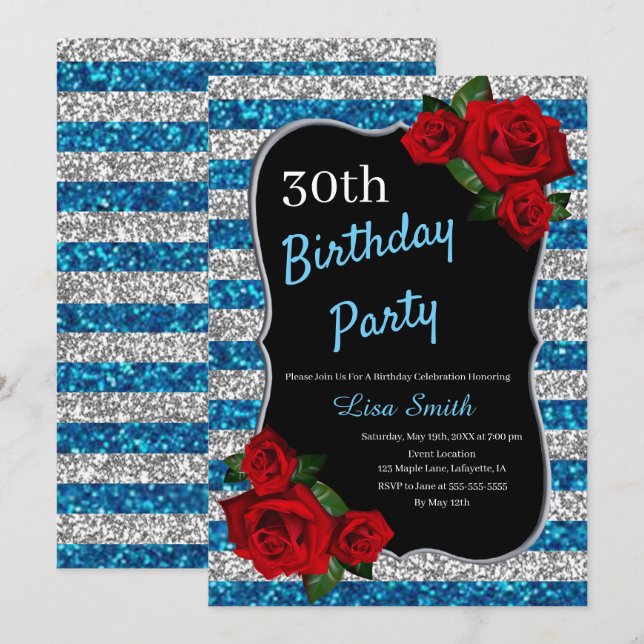 Any Age Birthday Blue And Silver Glitter Red Roses Invitation (Front/Back)