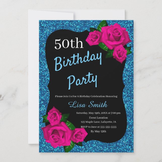 Any Age Birthday Blue Glitter Pink Roses Invitation (Front)