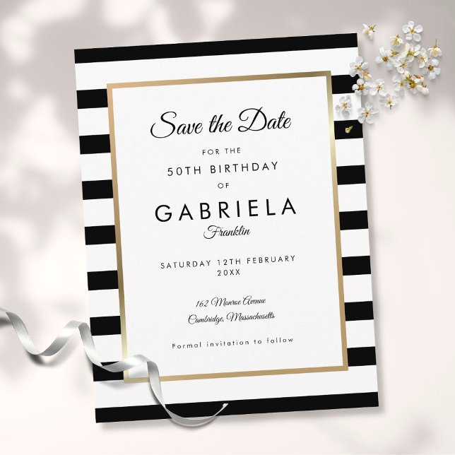 Any Age Birthday Classic Stripe Save the Date Postcard (Creator Uploaded)