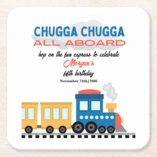 Any Age Birthday Colourful Cartoon Train  Square Paper Coaster