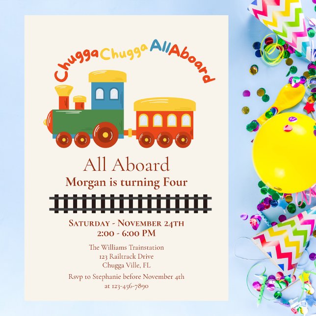 Any Age Birthday Colourful Train Chugga All Aboard Invitation (Creator Uploaded)