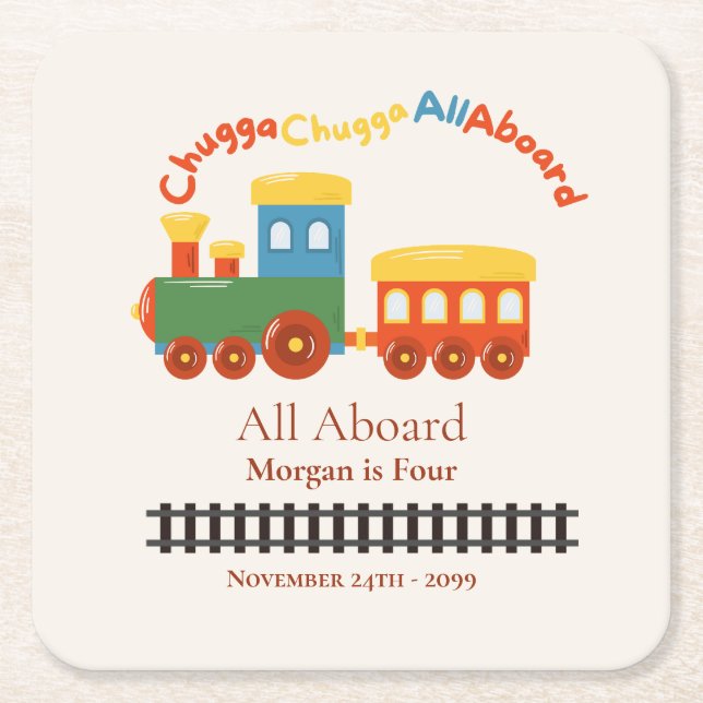 Any Age Birthday Colourful Train Chugga All Aboard Square Paper Coaster (Front)