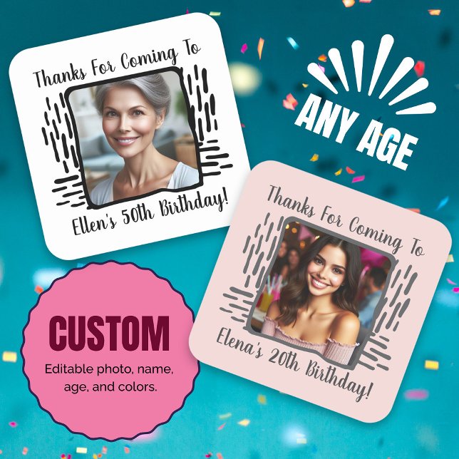 Any Age Birthday Custom Photo Name Thank You Square Sticker (Any Age Birthday Custom Photo Name Thank You Square Sticker)