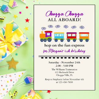 Any Age Birthday Cute Colourful Train  Invitation