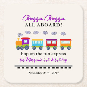Any Age Birthday Cute Colourful Train Square Paper Coaster