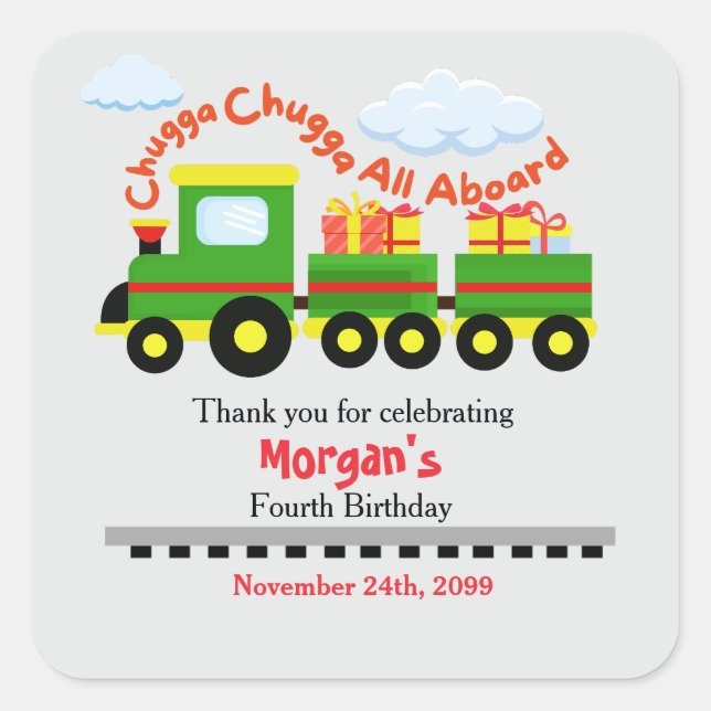 Any Age Birthday Cute Colourful Train With Present Square Sticker (Front)