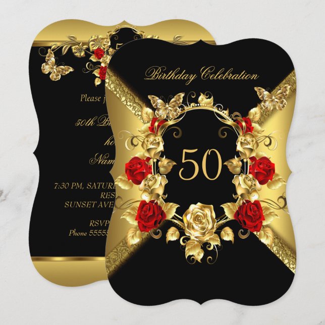 Any age Birthday Elegant Gold Red Roses Black 2 Invitation (Front/Back)