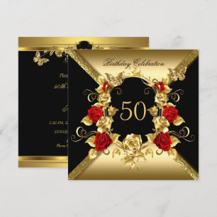 Any age Birthday Elegant Gold Red Roses Black Invitation