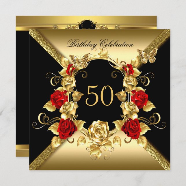 Any age Birthday Elegant Gold Red Roses Black Invitation (Front/Back)